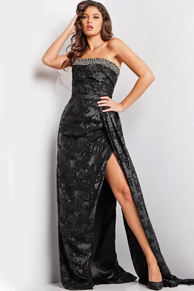 Black Strapless High Slit Dress Style 23892 - Image 2