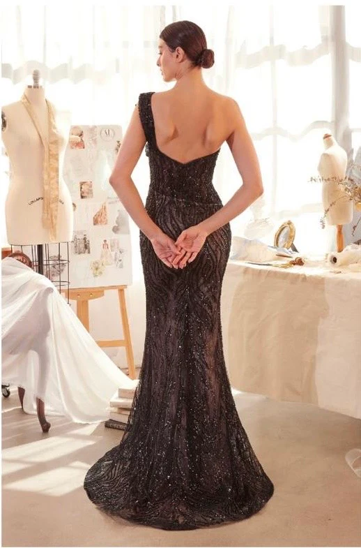 One Shoulder Sweetheart Neckline Beaded Motif Floral Appliques Style A1392 - Image 2