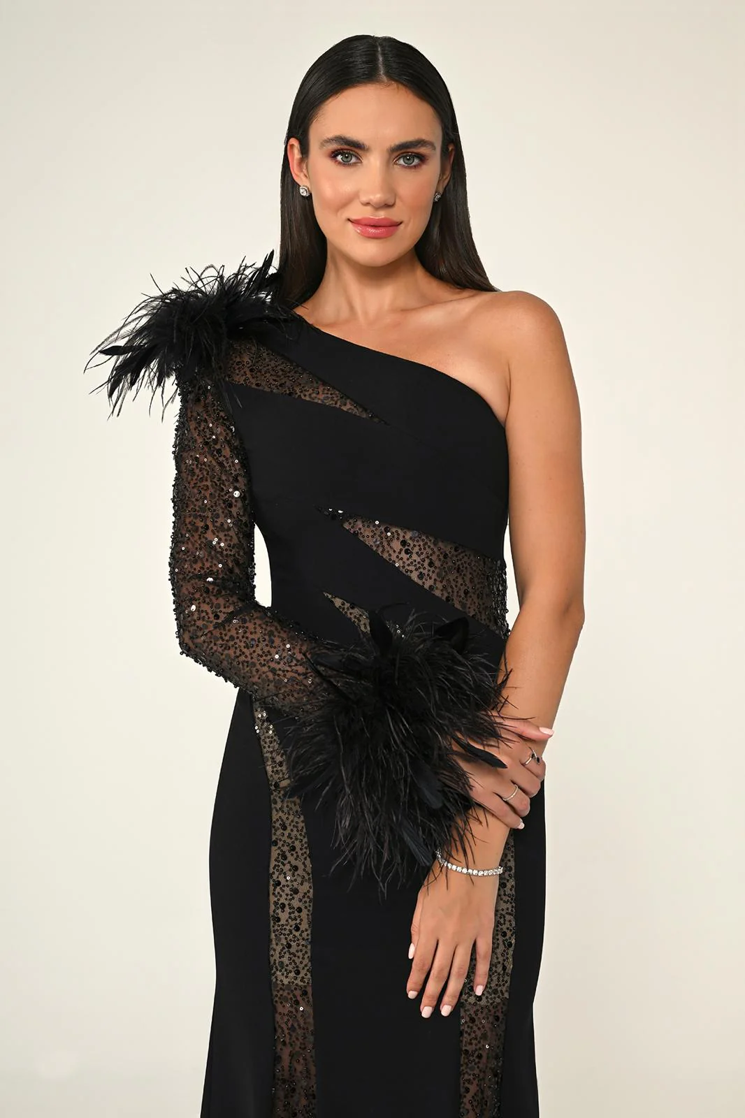 Sequinned Feather-Trimmed Evening Gown Style B6693 - Image 3