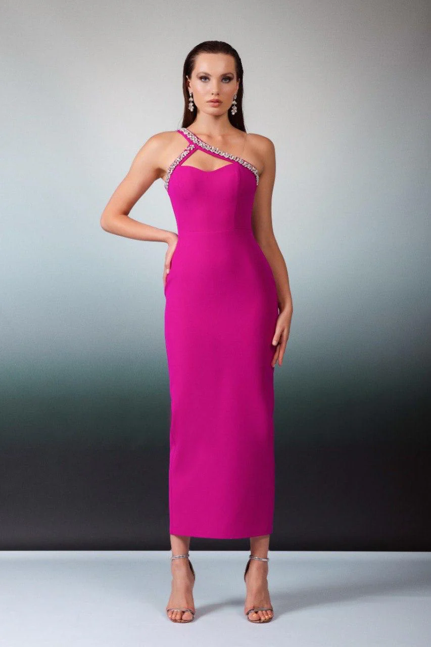One Shoulder Crystal Embellished Strap Evening Dress Style 8072 - Image 8