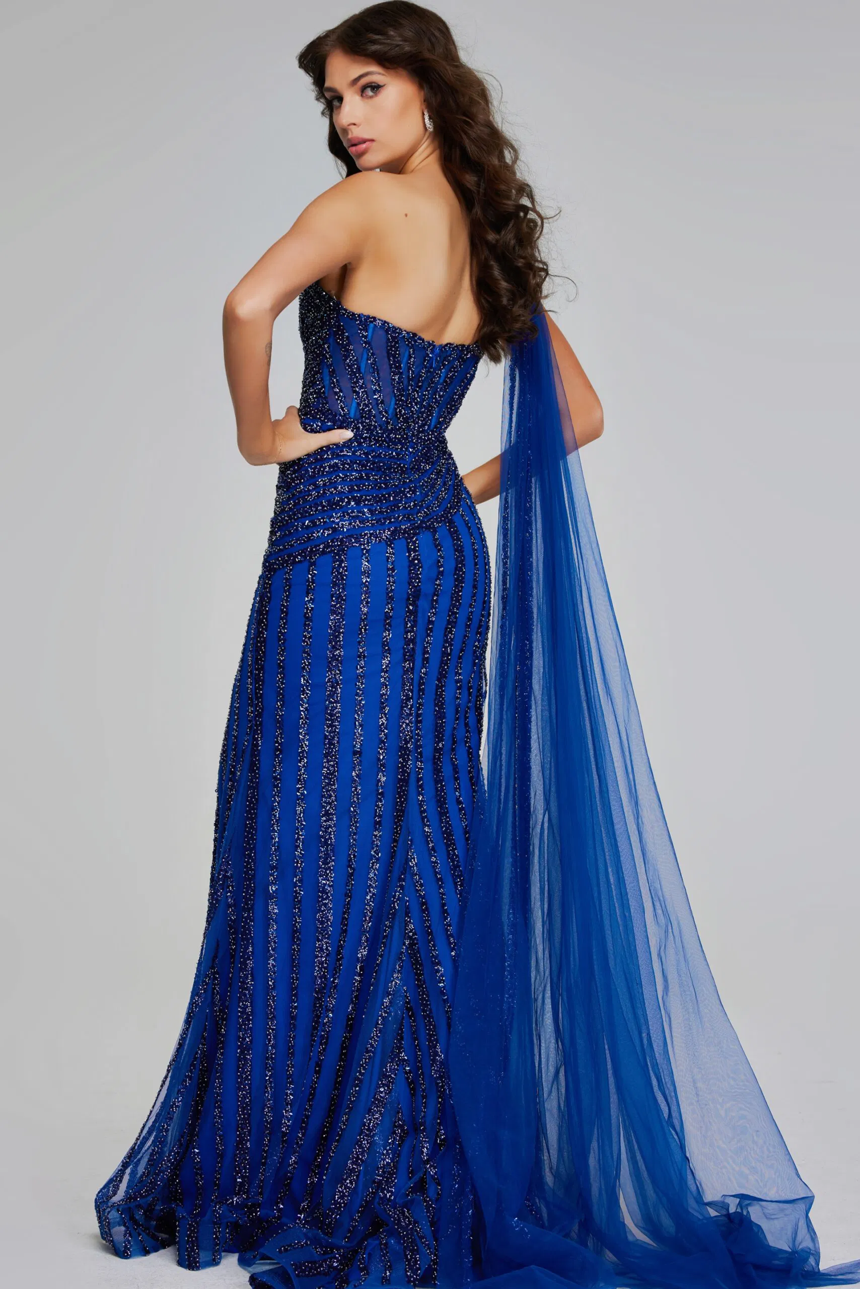 One Shoulder Navy Gown with Beaded Details and Slit Style 39386 - Image 2
