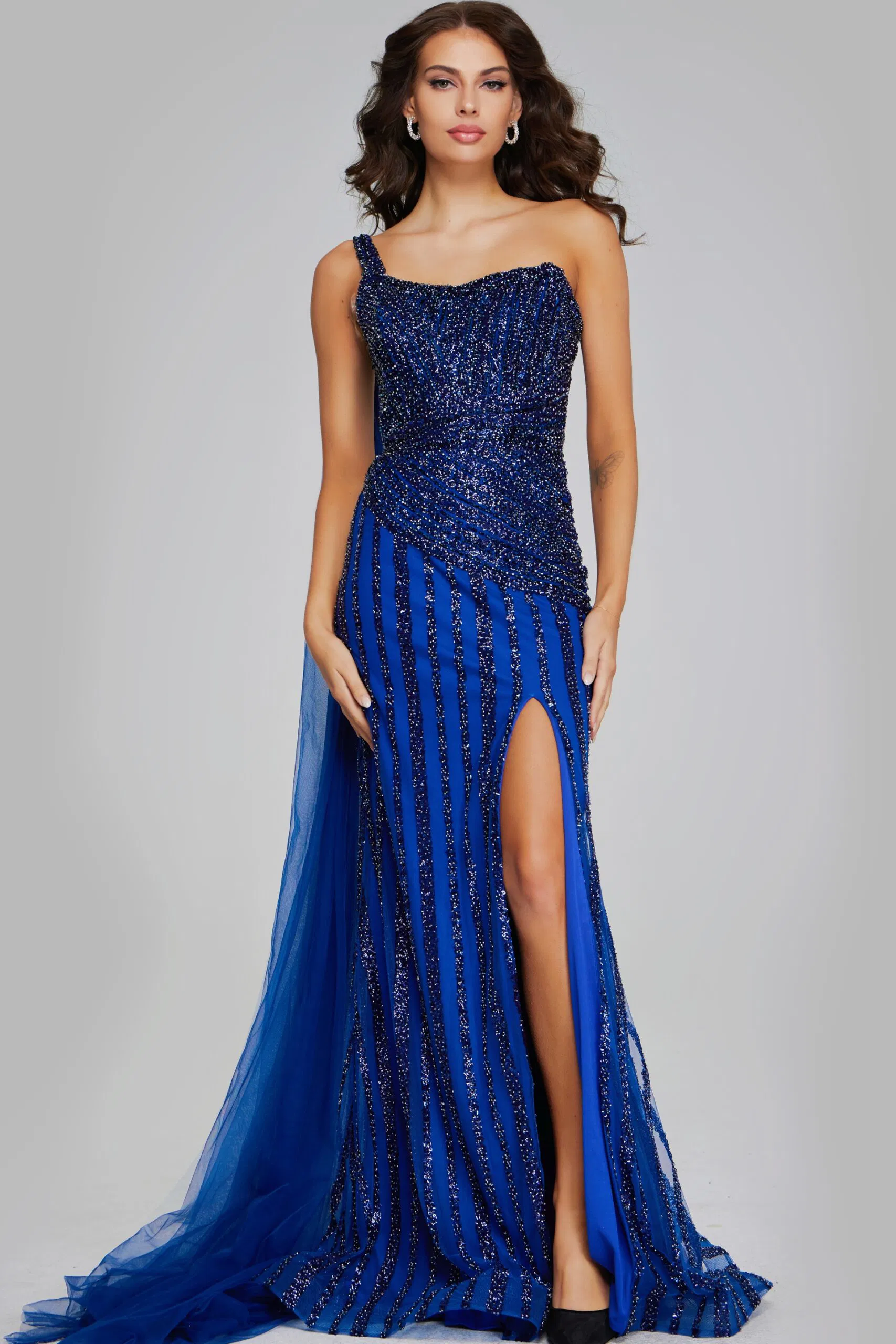 One Shoulder Navy Gown with Beaded Details and Slit Style 39386 - Image 3