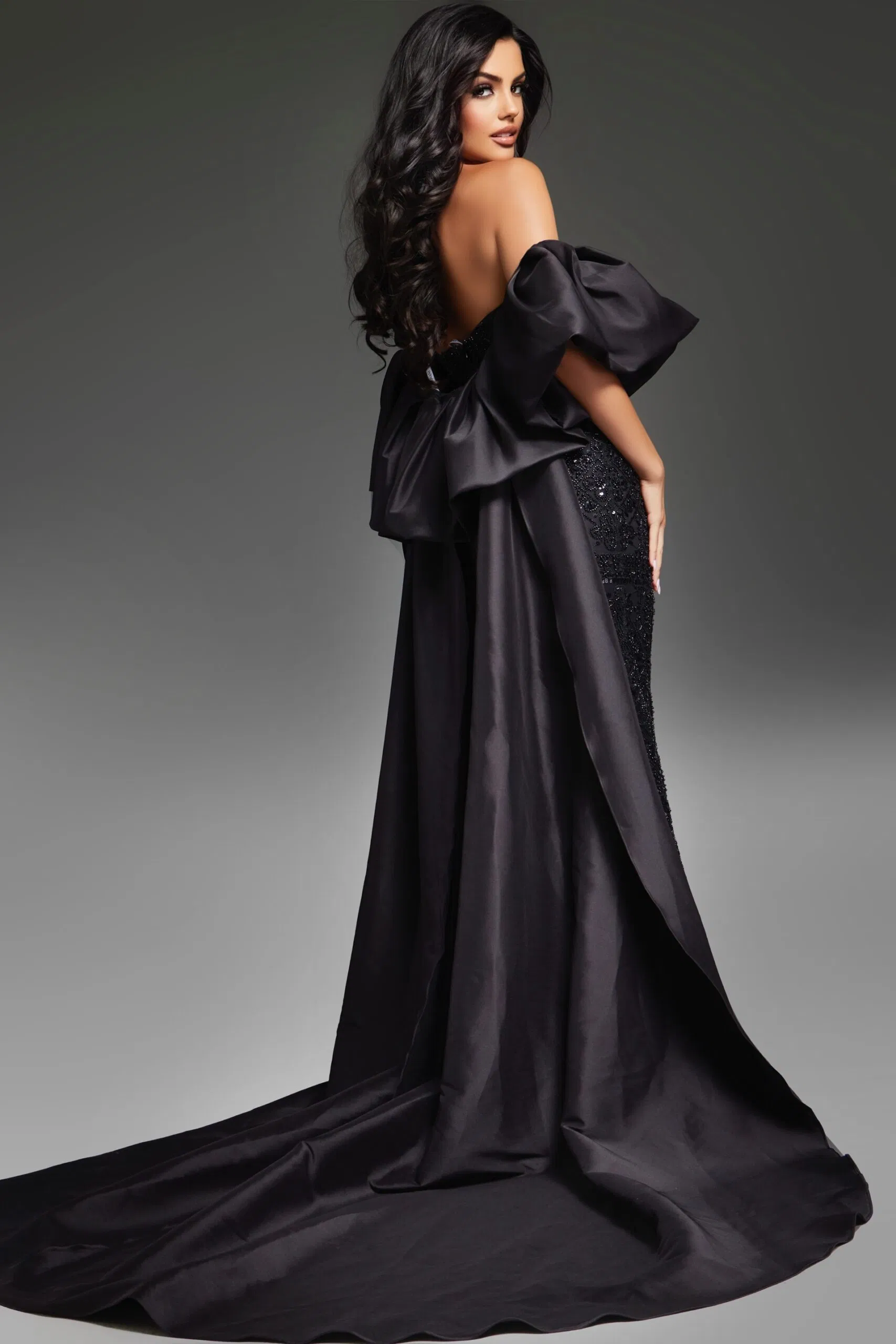Strapless Black Beaded Gown with Voluminous Satin Drape Style 42137 - Image 3